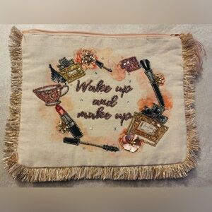 Embroidered Makeup Pouch - Cream with Pink & Gold Accents